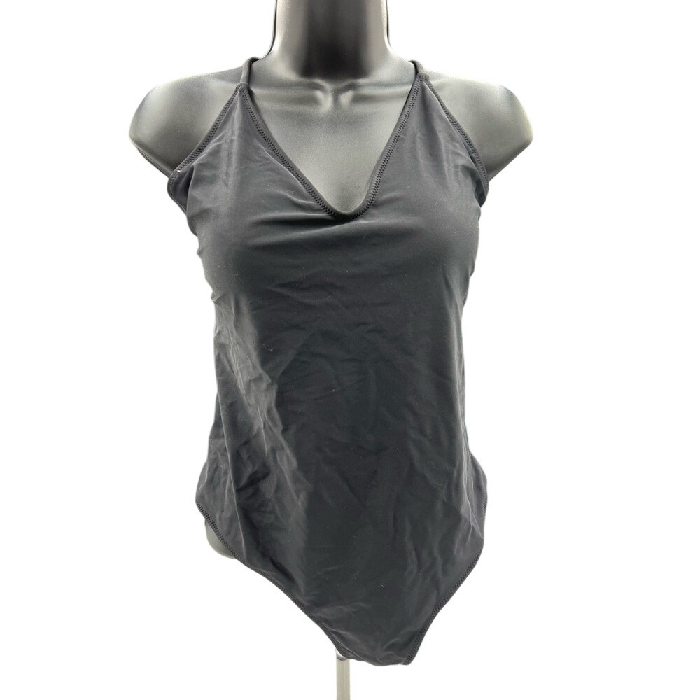 Ekouaer Womens Black One Piece Swimsuit V-Neck Lace Up Back Bodysuit NWT - Picture 4 of 13